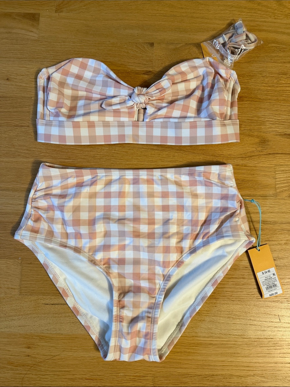 Kona Sol Pink & White Gingham High-Waist Bikini, size S/M